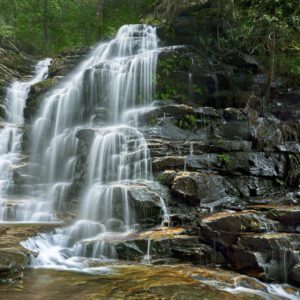 Sylvia Falls is one of the iconic waterfalls in the Valley of the Waters in the Blue Mountains National Park, in New South Wales, Australia. It is the second waterfall as you descend along this walk, sitting below Empress Falls.